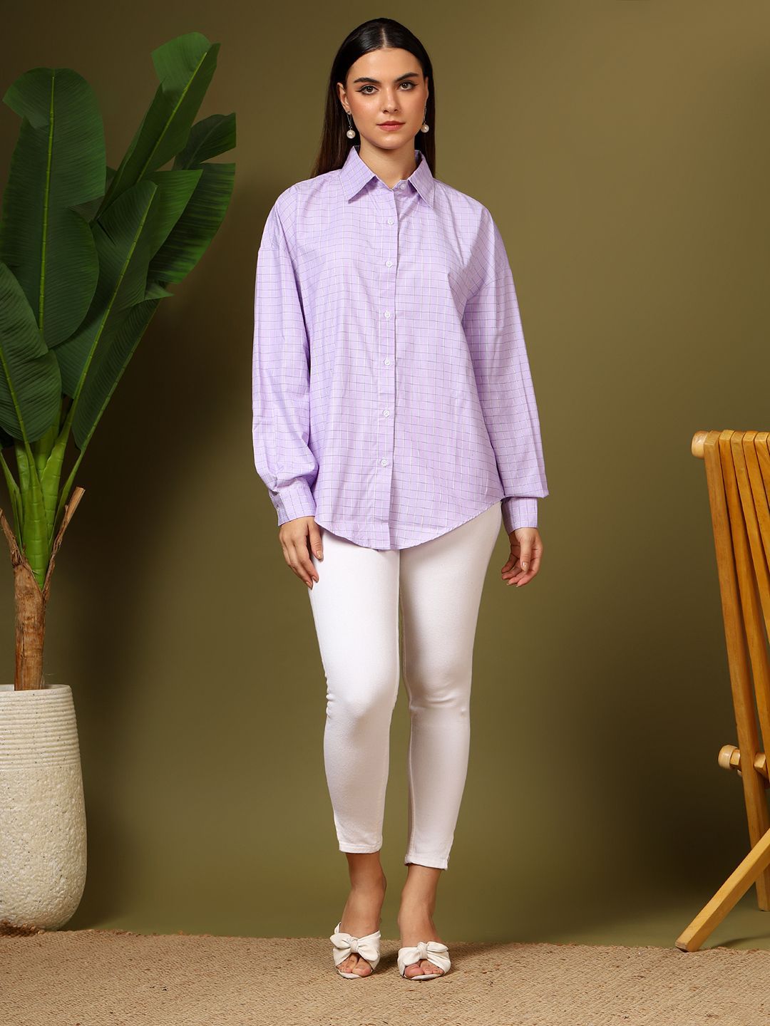 Kotty Women Relaxed Fit Spread Collar Grid Tattersall Checked Cotton Casual Shirt