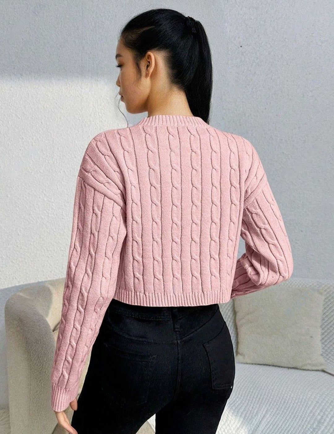 Kotty Women Cable Knit Round Neck Long Sleeves Crop Pullover Sweaters