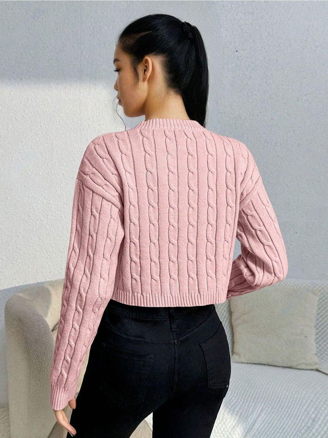 Kotty Women Cable Knit Round Neck Long Sleeves Crop Pullover Sweaters