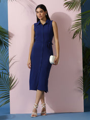Kotty Solid Shirt Collar A-Line Midi Dress