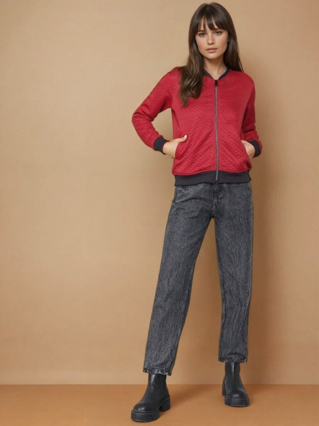 Kotty Women Mandarin Collar Self Design Bomber Jacket