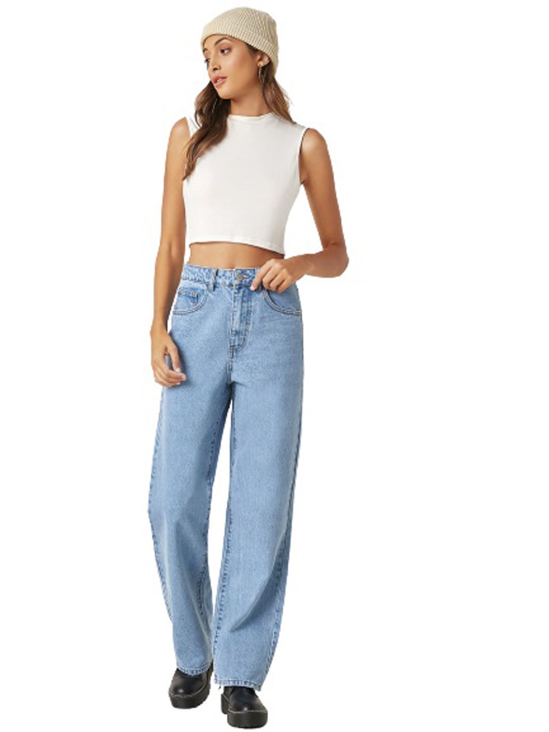 Kotty Women Jean Straight Fit High-Rise Low Distress Light Fade Stretchable Jeans