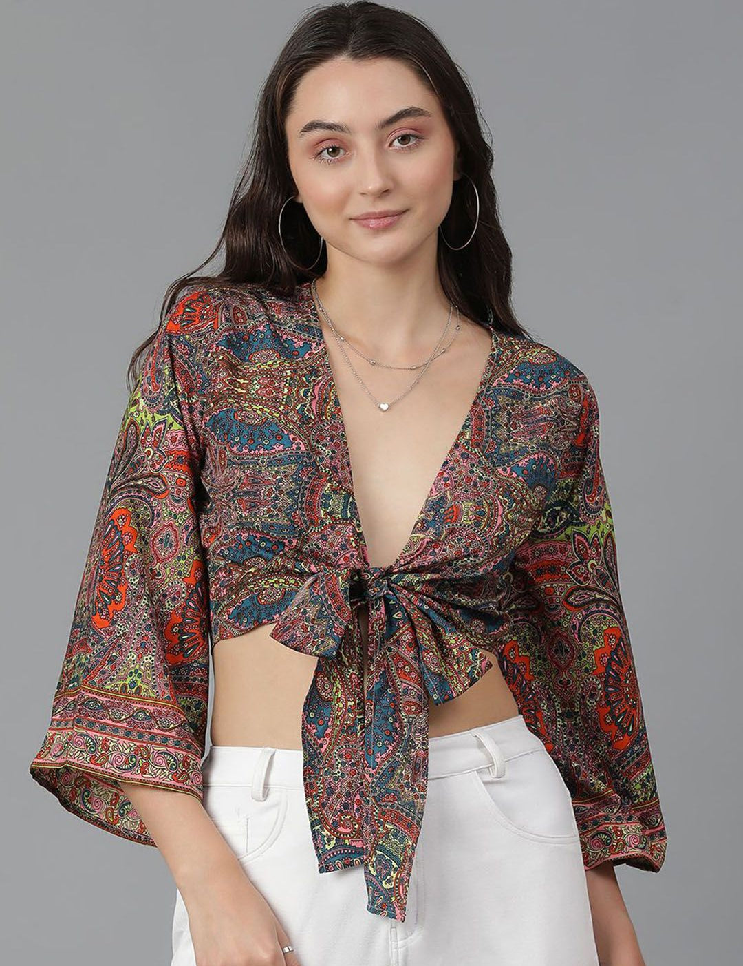 Kotty Floral Print Flared Sleeve Crop Top