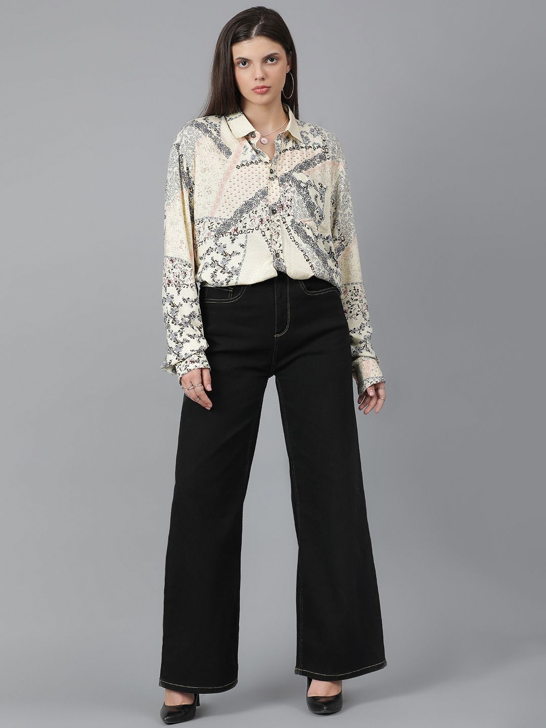 Kotty Women Spread Collar Floral Printed Cotton Oversized Casual Shirt