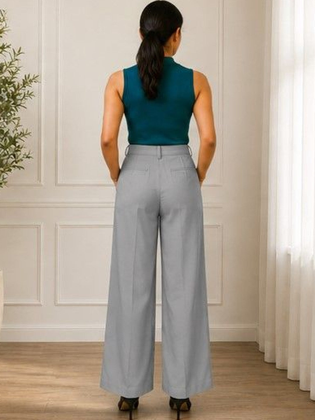 Grey Regular Fit High-Rise Trousers for Women | Kotty