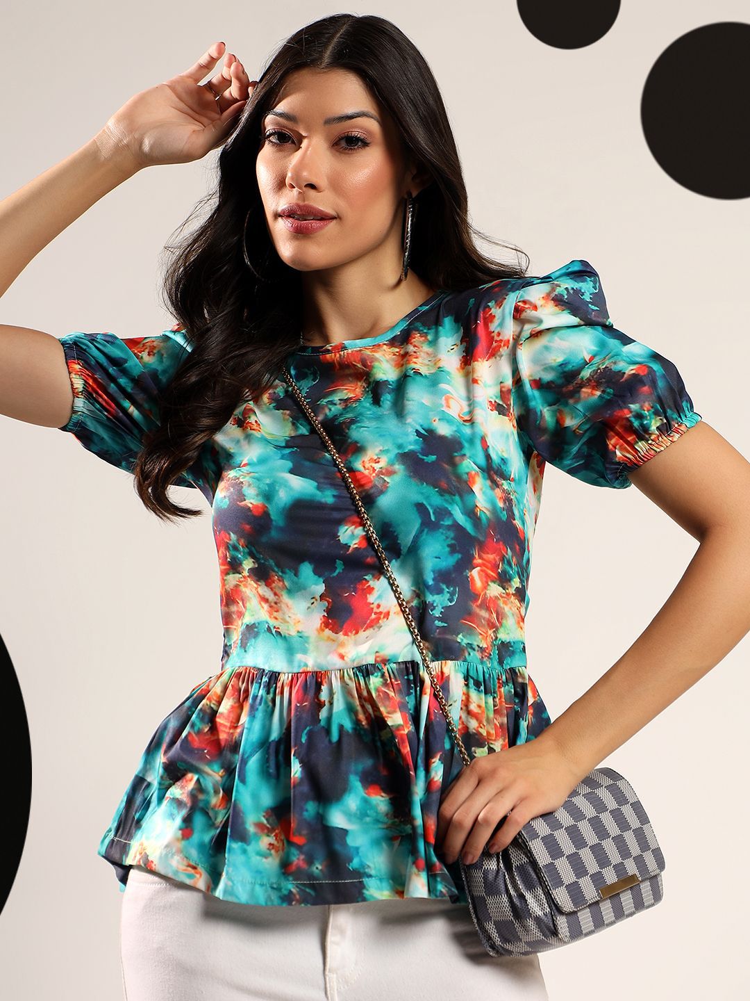 Kotty Women Abstract Printed Round Neck Puff Sleeve Peplum Top