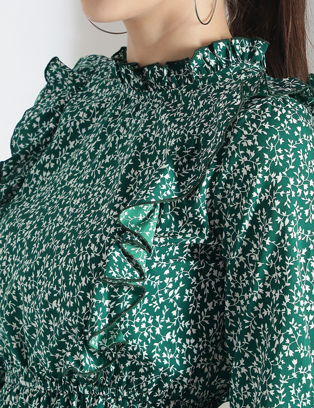 Kotty Floral Printed Bishop Sleeve Ruffled Fit & Flare Dress