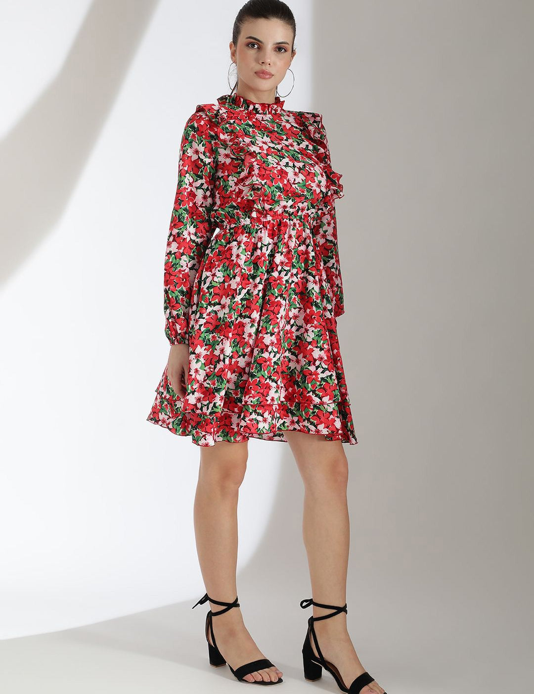 Kotty Women Floral Printed Bishop Sleeve Crepe Fit & Flare Dress