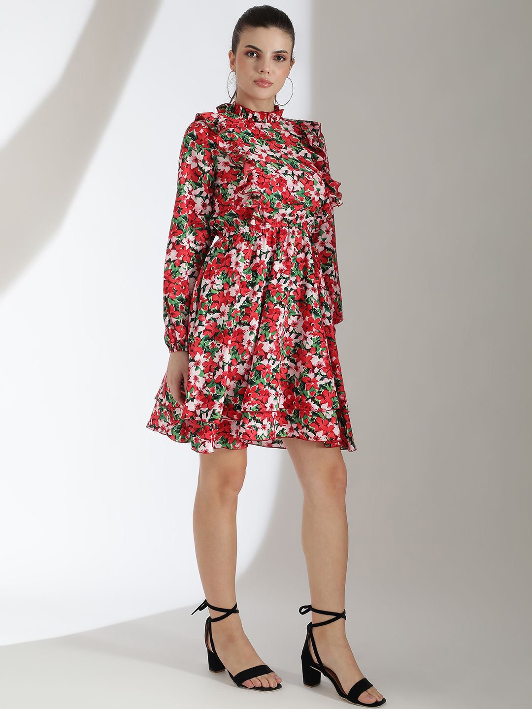 Kotty Women Floral Printed Bishop Sleeve Crepe Fit & Flare Dress