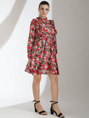 Kotty Women Floral Printed Bishop Sleeve Crepe Fit & Flare Dress