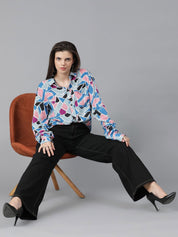 Kotty Women Spread Collar Abstract Printed Cotton Oversized Casual Shirt