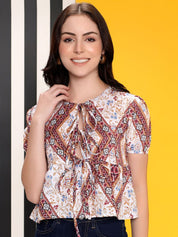 Kotty Women Printed Tie-Up Neck Puff Sleeves Top