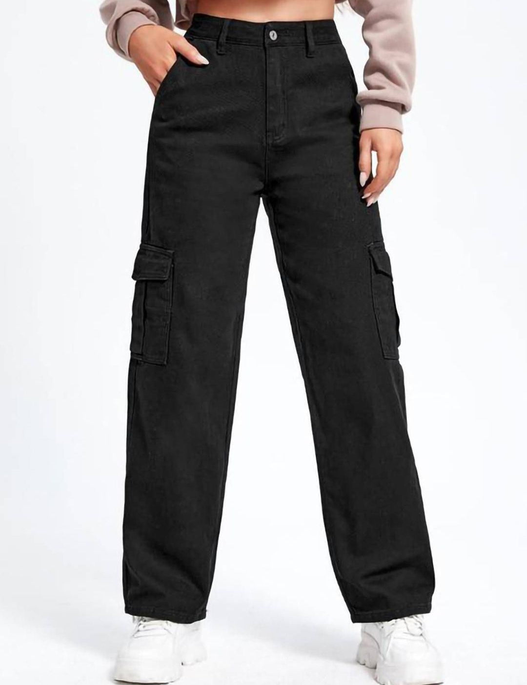 Kotty Women Straight Fit High-Rise Clean Look Stretchable Cargo Styles Cotton Jeans