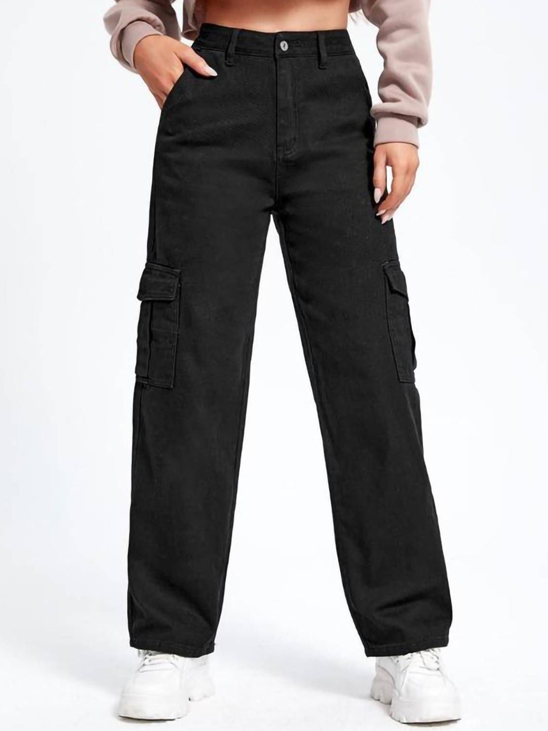 Kotty Women Straight Fit High-Rise Clean Look Stretchable Cargo Styles Cotton Jeans