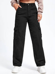 Kotty Women Straight Fit High-Rise Clean Look Stretchable Cargo Styles Cotton Jeans