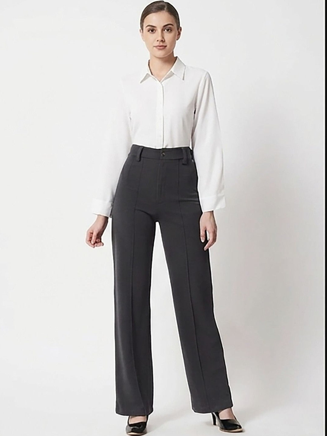 Black Relaxed Fit High-Rise Trousers for Women | Kotty