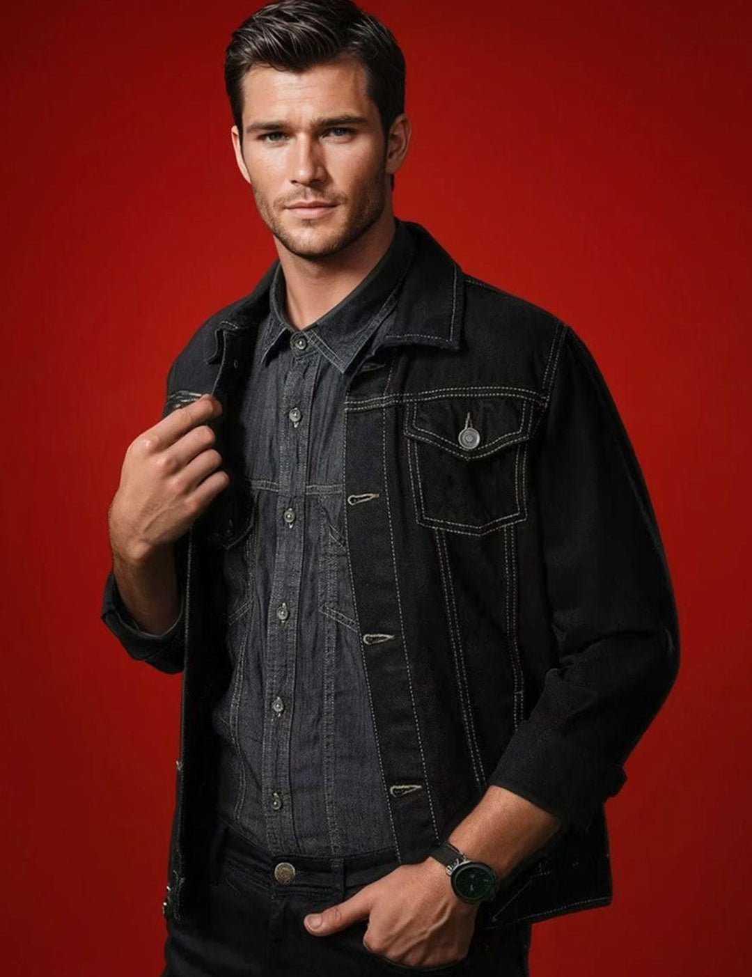 Kotty Men Spread Collar Solid Denim Jacket