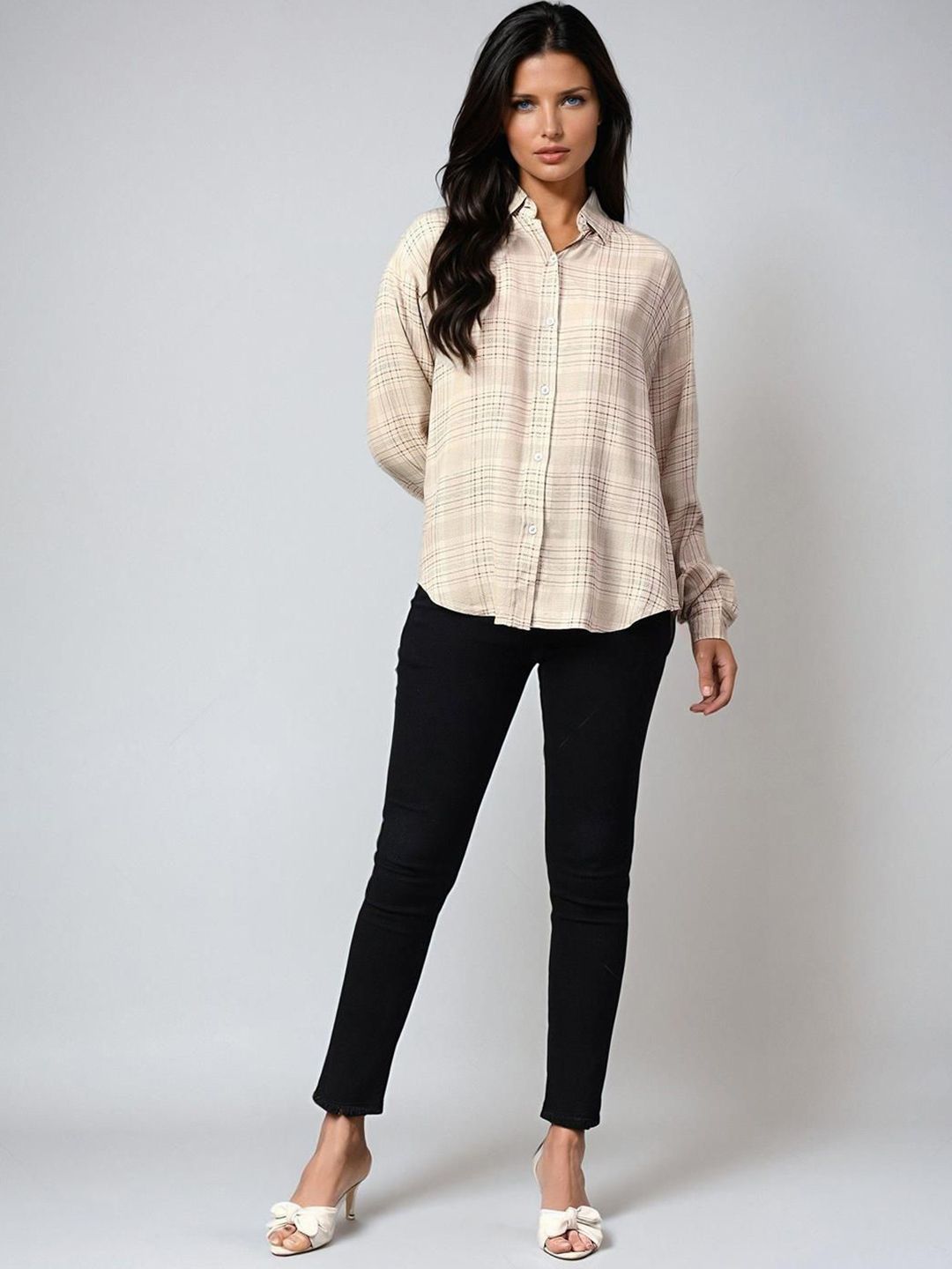 Kotty Women Spread Collar Checked Cotton Casual Shirt