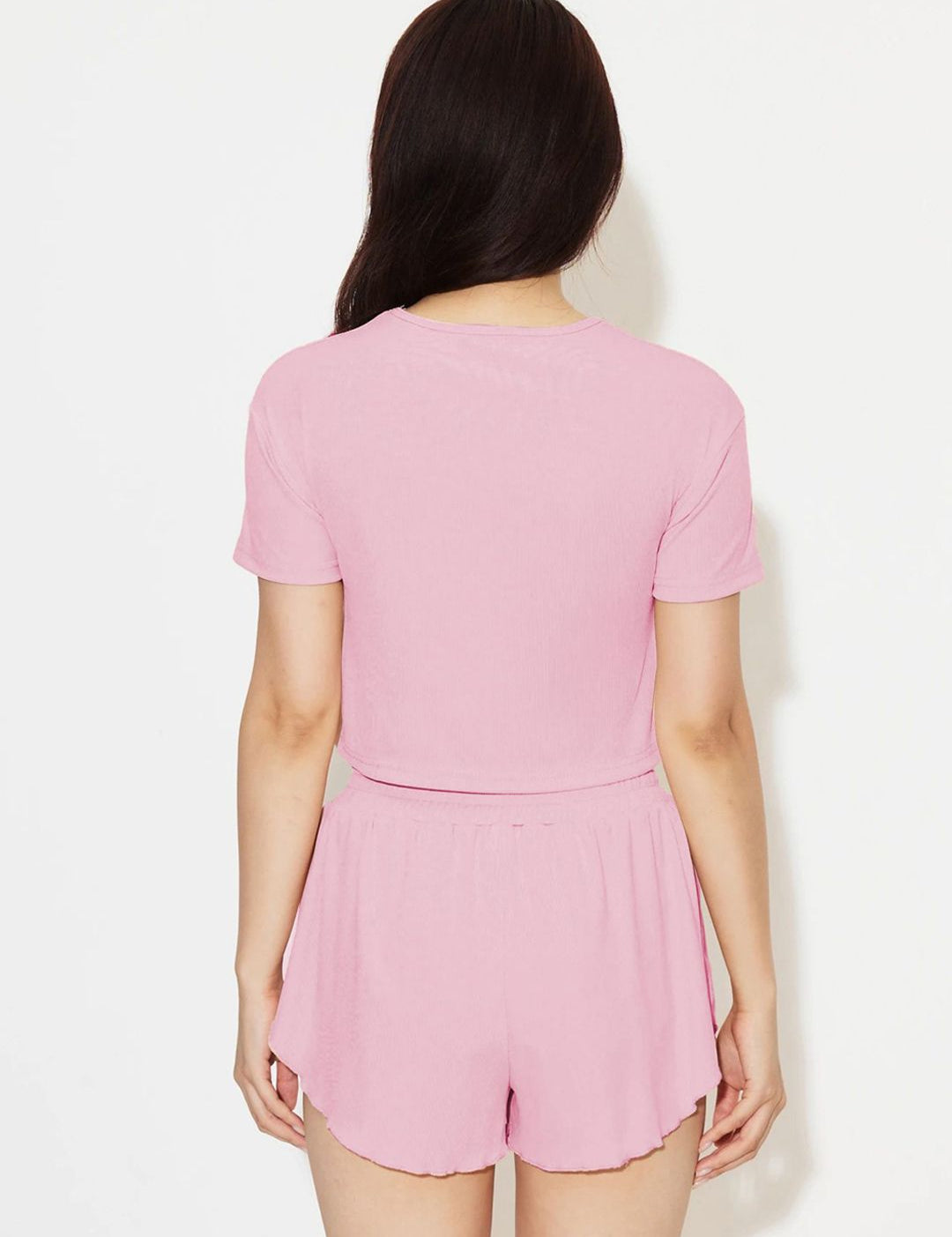 Kotty Pink Round Neck Short Sleeves Top With Shorts 