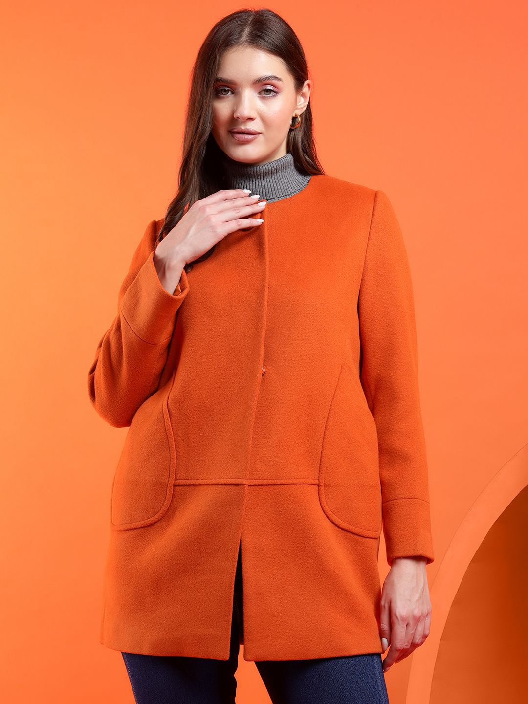 Kotty Women Solid Mandarin Collar Overcoat