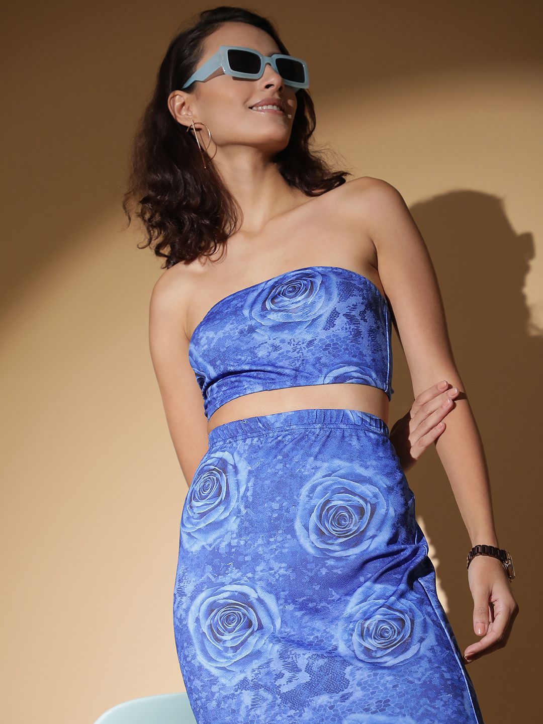  Kotty Floral Printed Strapless Top With Skirt Co-Ords