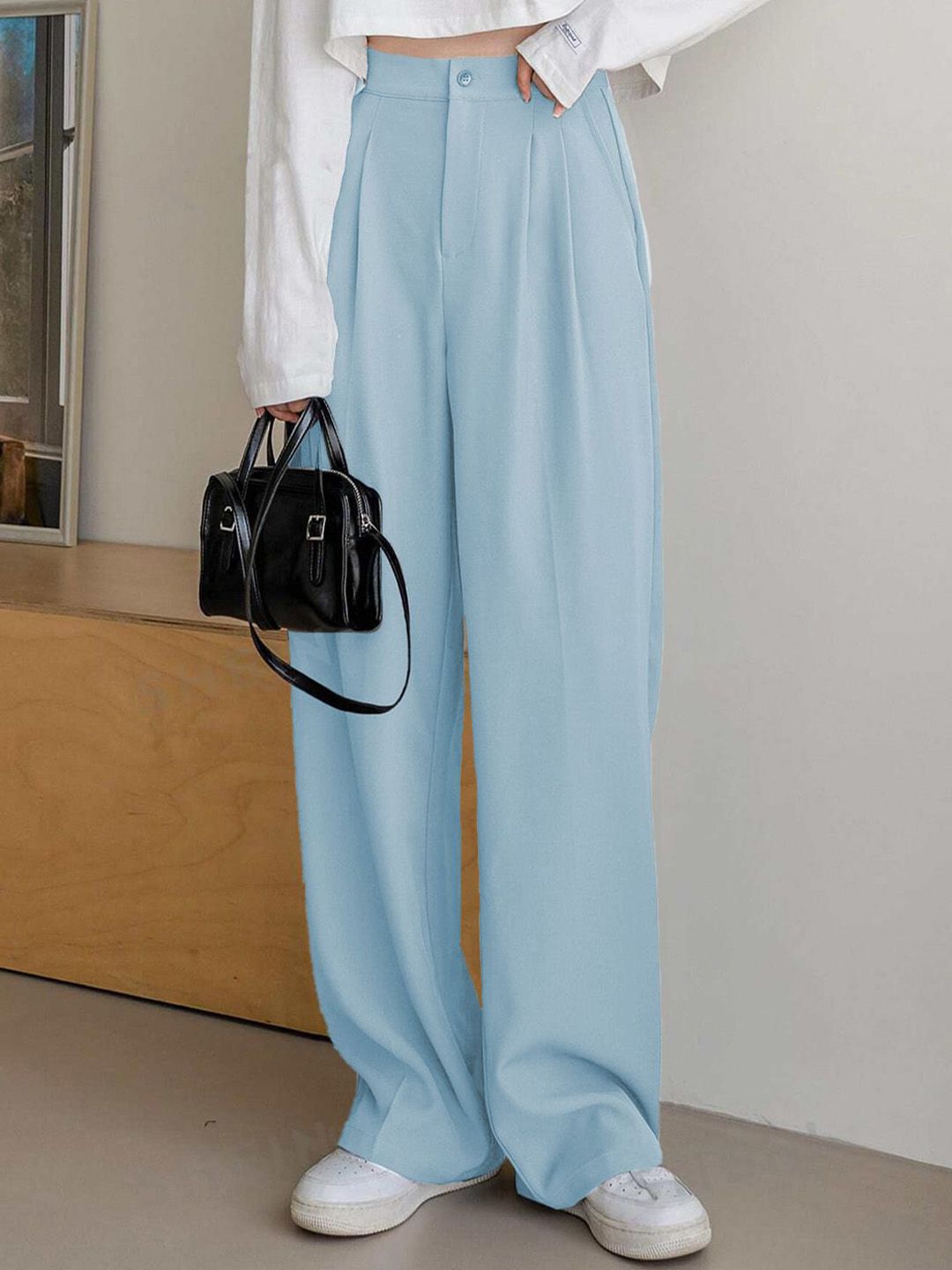 Kotty Women Straight Fit High-Rise Easy Wash Pleated Formal Trousers