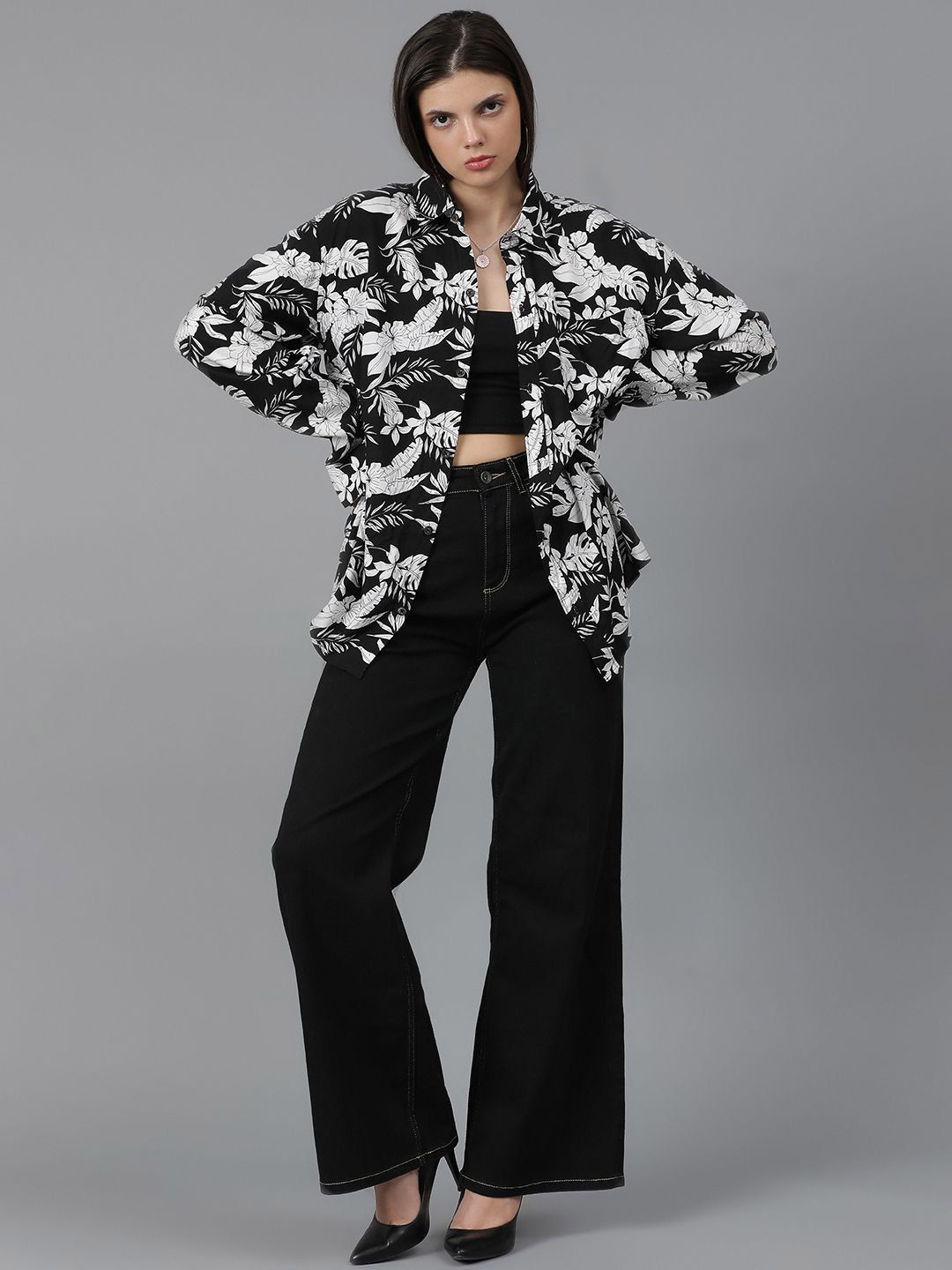 Kotty Women Spread Collar Floral Printed Cotton Oversized Casual Shirt