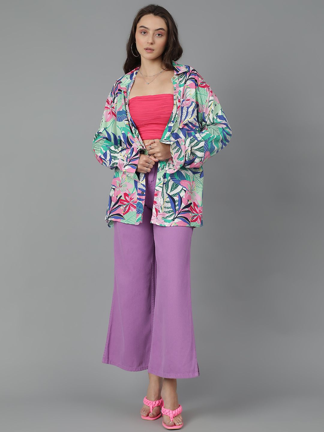 Kotty Women Spread Collar Floral Printed Cotton Oversized Casual Shirt