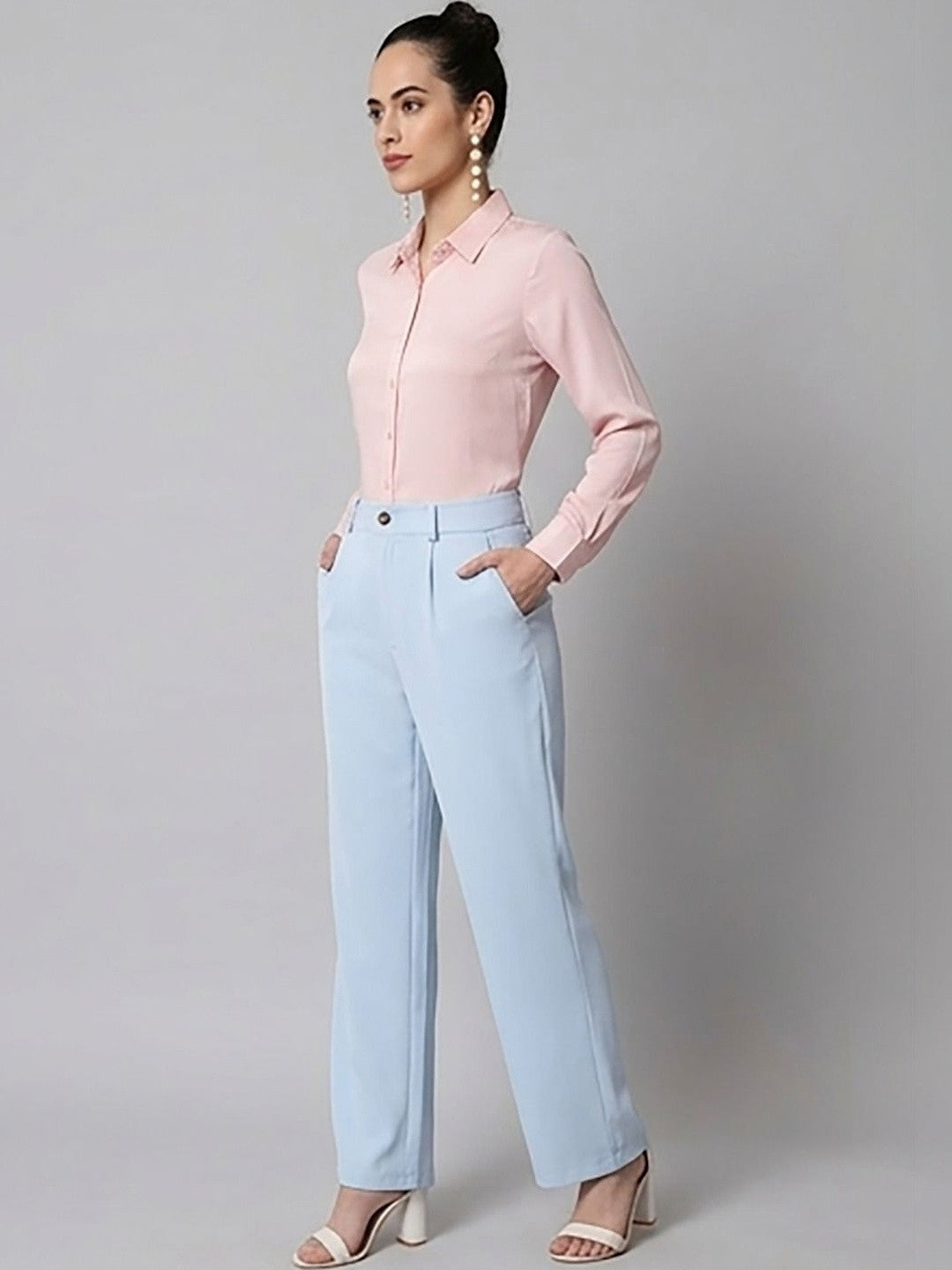 Blue Regular Fit High-Rise Trousers for Women | Kotty