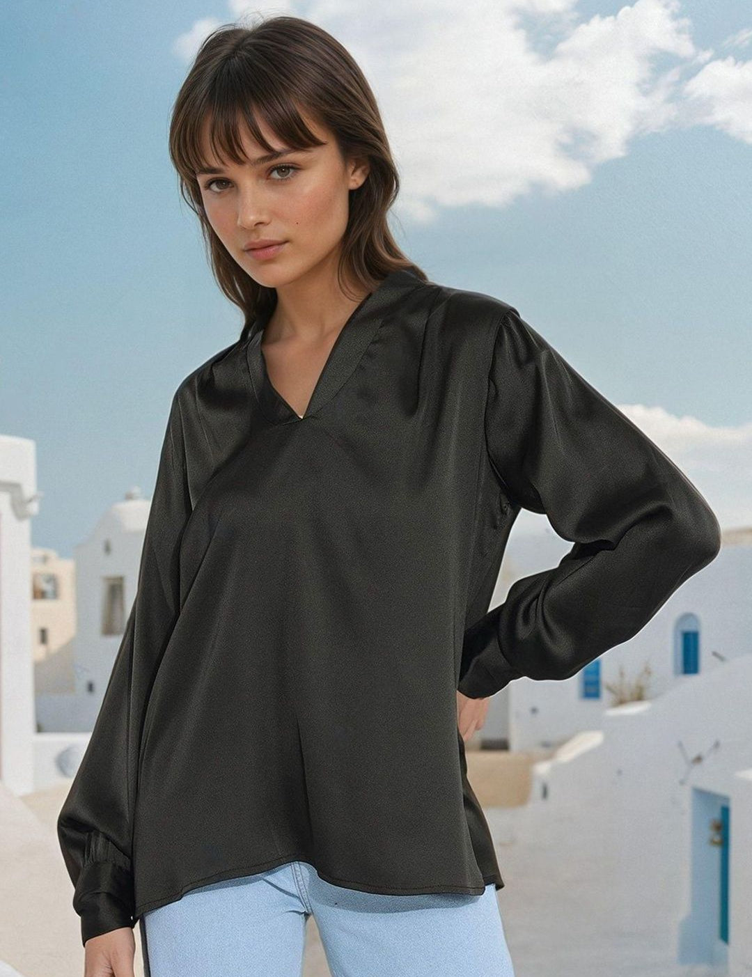 Kotty Women V-Neck Long Sleeves Satin Top