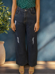 Kotty Women Wide-Leg High-Rise Mildly Distressed Stretchable Jeans