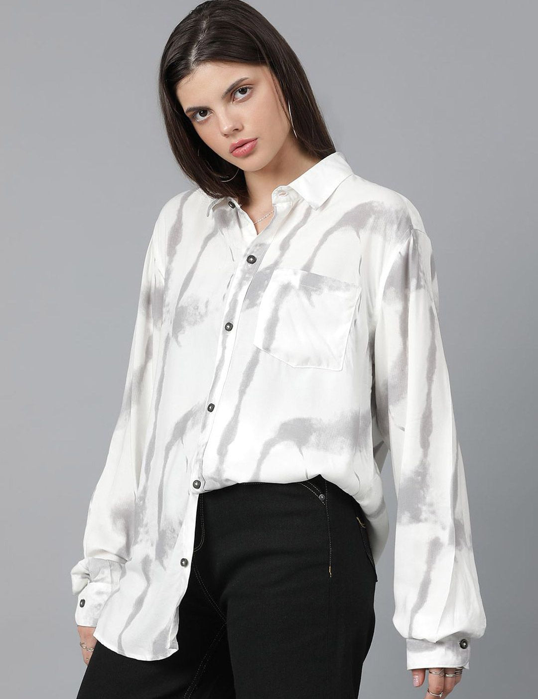 Kotty Women Spread Collar Abstract Printed Cotton Oversized Casual Shirt