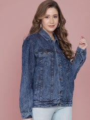 Kotty Women Spread Collar Washed Self Design Cotton Casual Denim Jacket