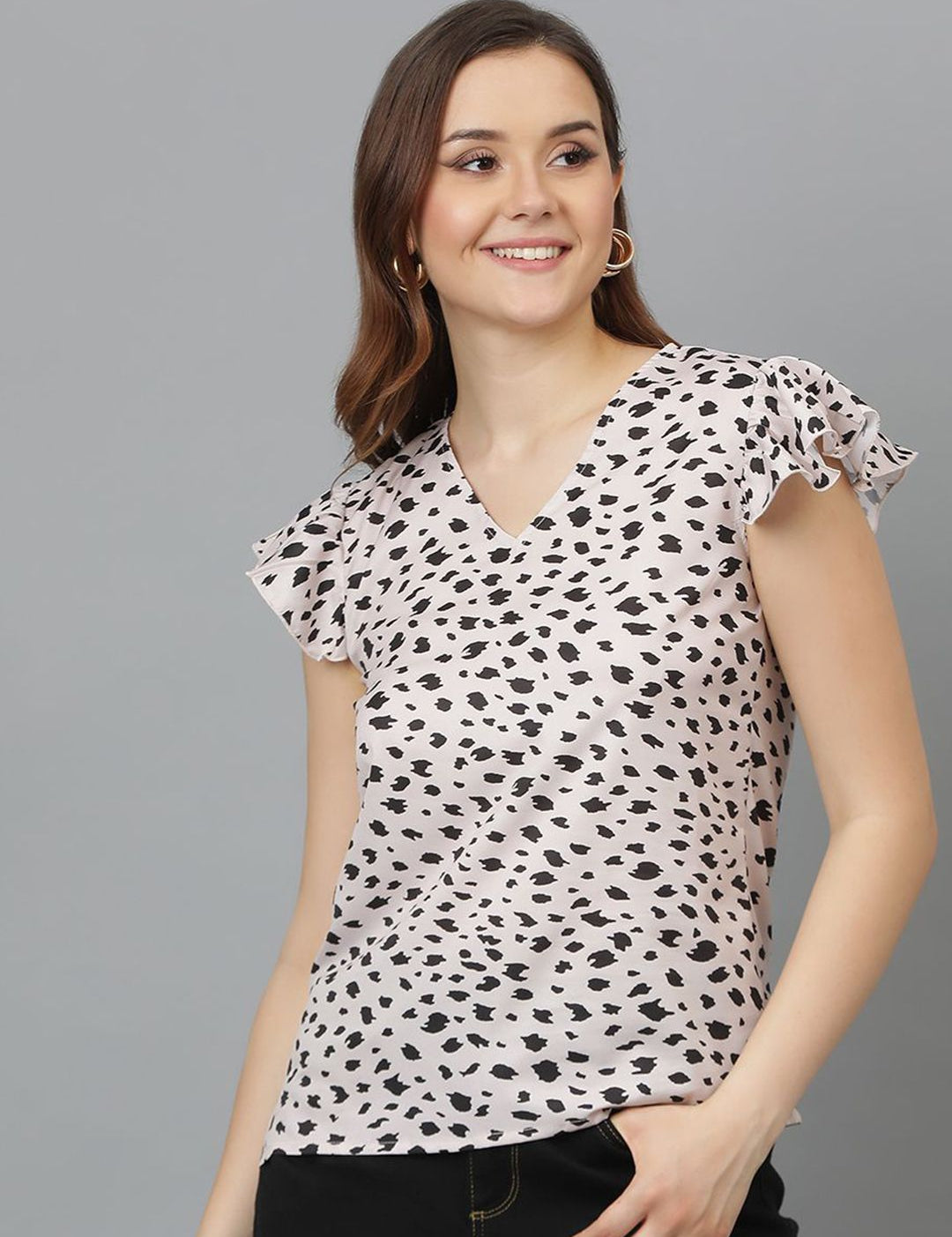 Kotty Animal Print Flutter Sleeve Crepe Top