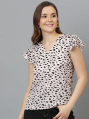 Kotty Animal Print Flutter Sleeve Crepe Top