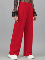 Kotty Women Relaxed Straight Leg Straight Fit High-Rise Easy Wash Pleated Trousers