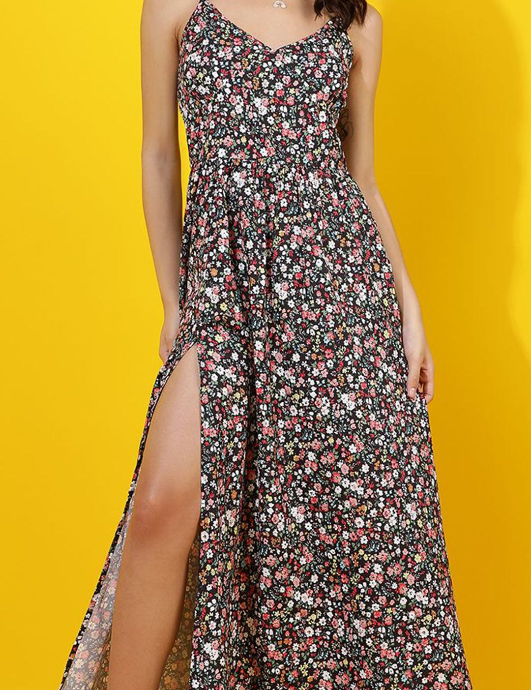 Kotty Women Shoulder Straps Floral Printed Gathered or Pleated Maxi Dress