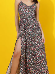 Kotty Women Shoulder Straps Floral Printed Gathered or Pleated Maxi Dress