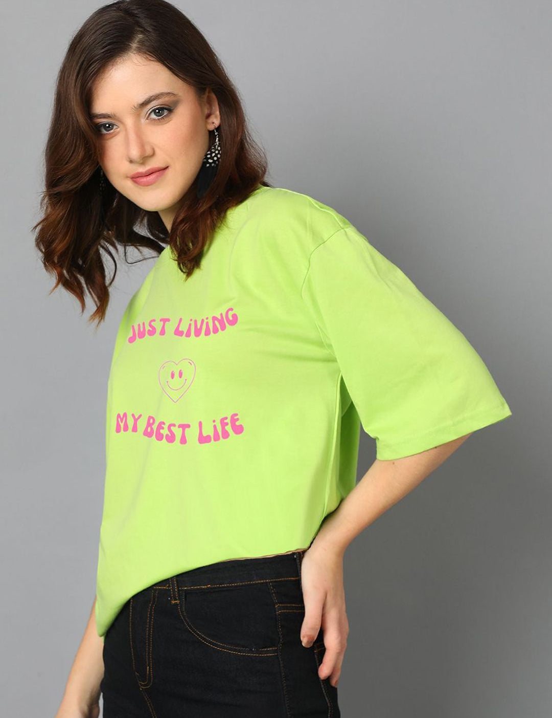 Kotty Typography Printed Drop-Shoulder Sleeves Oversized Cotton T-Shirt