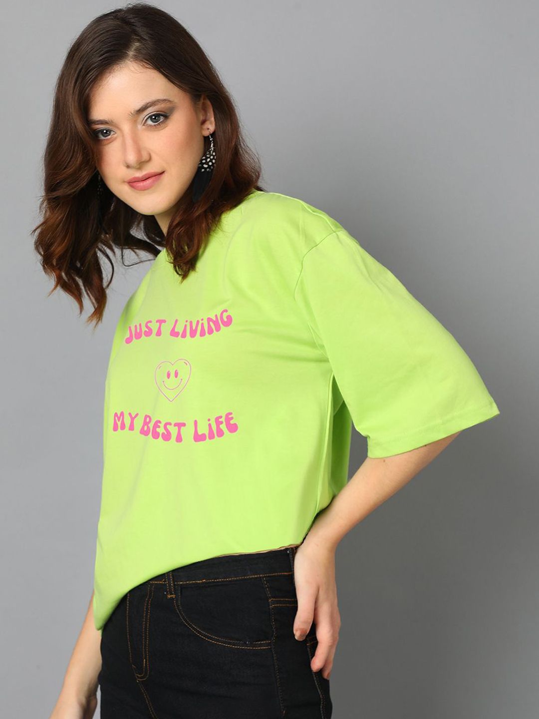 Kotty Typography Printed Drop-Shoulder Sleeves Oversized Cotton T-Shirt