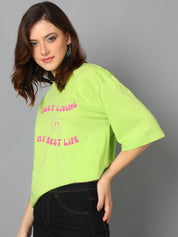 Kotty Typography Printed Drop-Shoulder Sleeves Oversized Cotton T-Shirt
