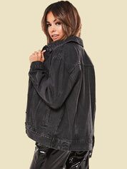 Kotty Women Spread Collar Washed Cotton Casual Denim Jacket