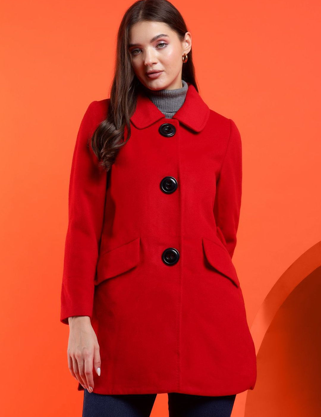 Kotty Women Solid Spread Collar Overcoat