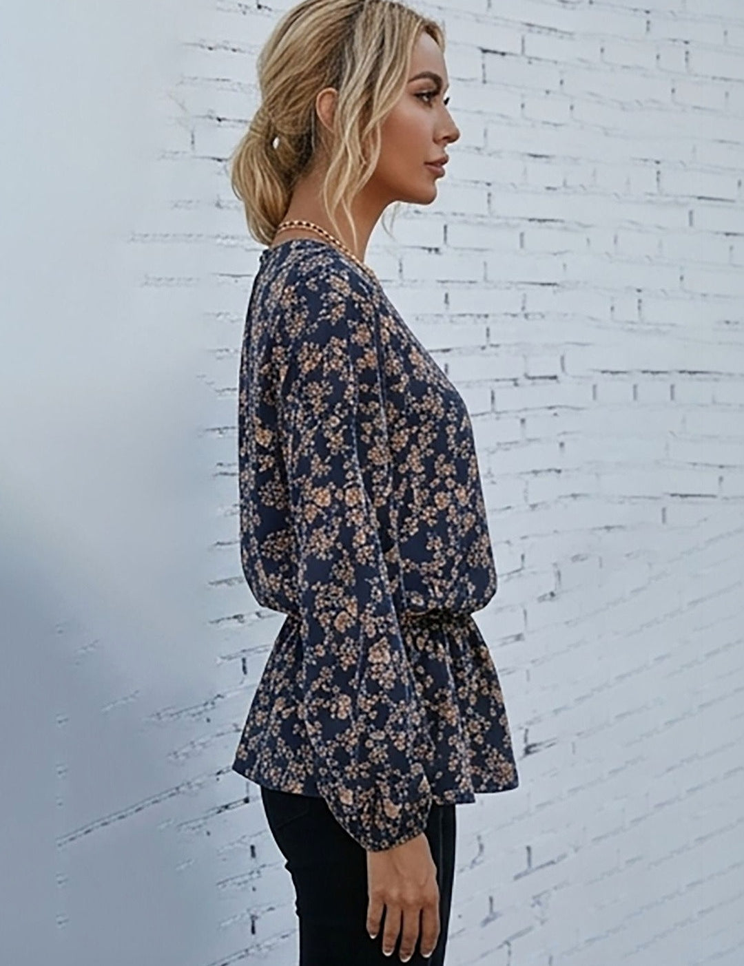 Kotty Top Indigo Blue Women's Round Long-Sleeve Fashion