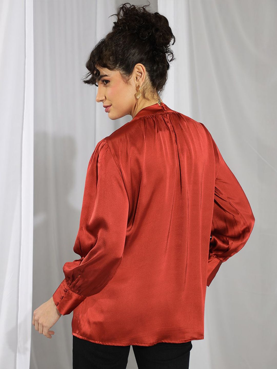 Kotty Women Satin High Neck Cuffed Sleeves Top