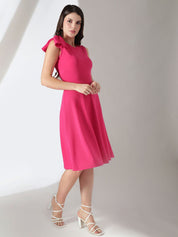 Kotty Solid Round Neck Bow Detailed Fit & Flare Dress