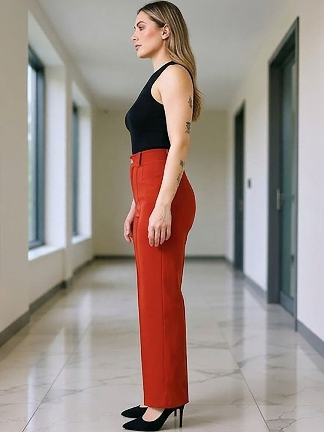 Rust Regular Fit High-Rise Trousers for Women – Chic Solid Design | Kotty