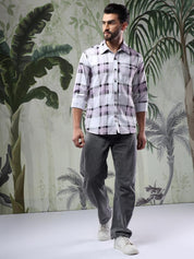 Kotty Men Spread Collar Tartan Checked Casual Shirt