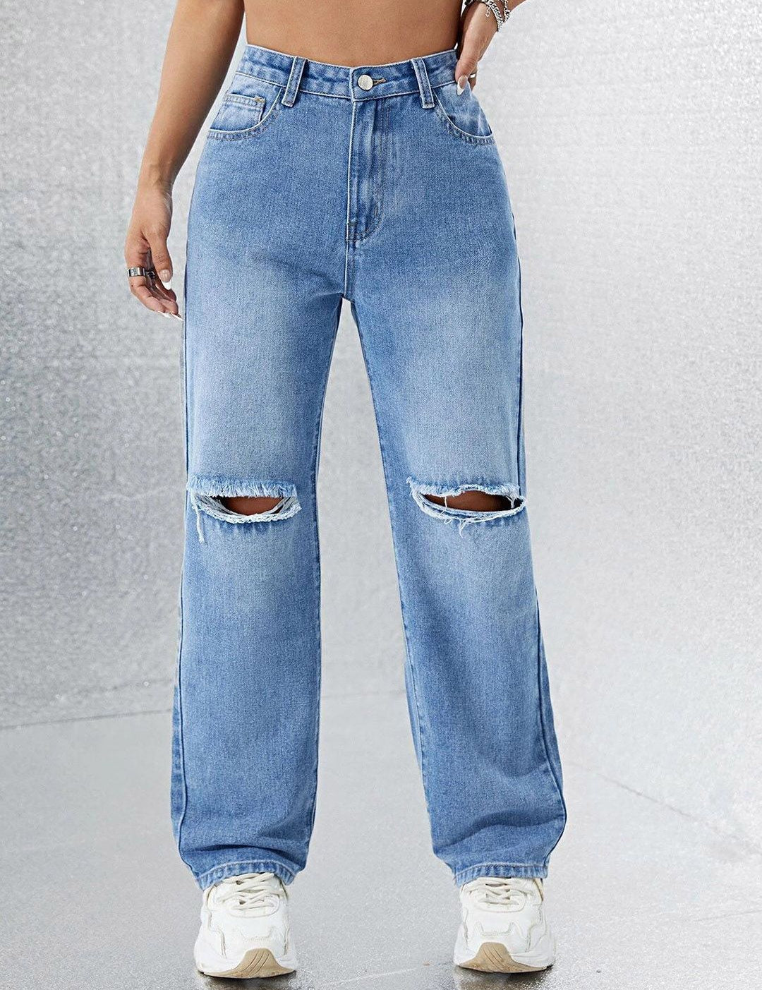 Kotty Women Straight Fit High-Rise Slash Knee Stretchable Jeans