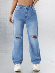 Kotty Women Straight Fit High-Rise Slash Knee Stretchable Jeans